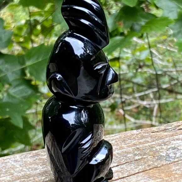 Aztec Black Onyx Gold Mayan Obsidian Carved Statue Stone Sitting Tiki Figure - Picture 2 of 13